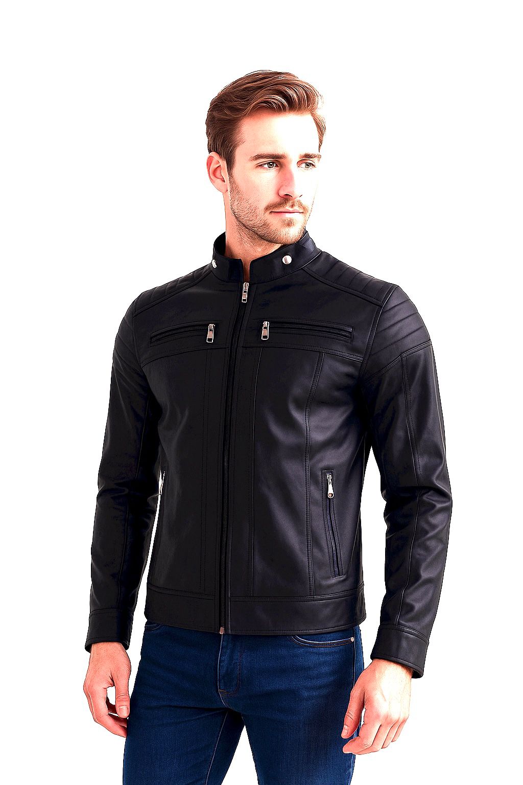 chaqueta cuerina hombre cuello chino